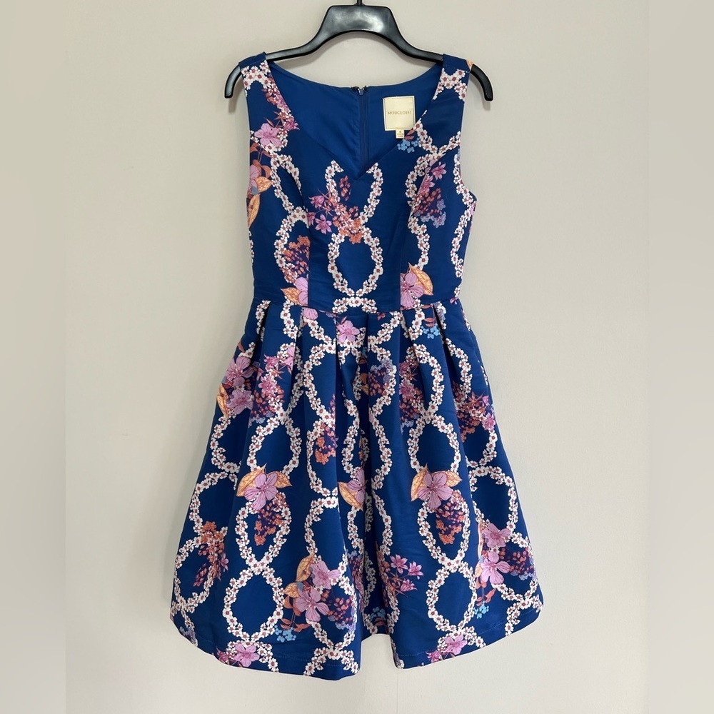 Modcloth "Beautiful You" Floral Helix Fit & Flare Dress in Blue/Pink, size S